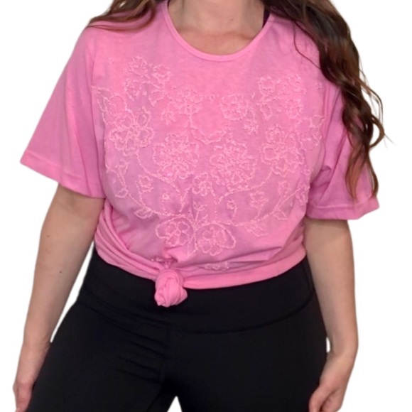 BARBIECORE VINTAGE Made in USA Pink Oversized Medium Large Tee Bead Embroidered - Picture 1 of 9